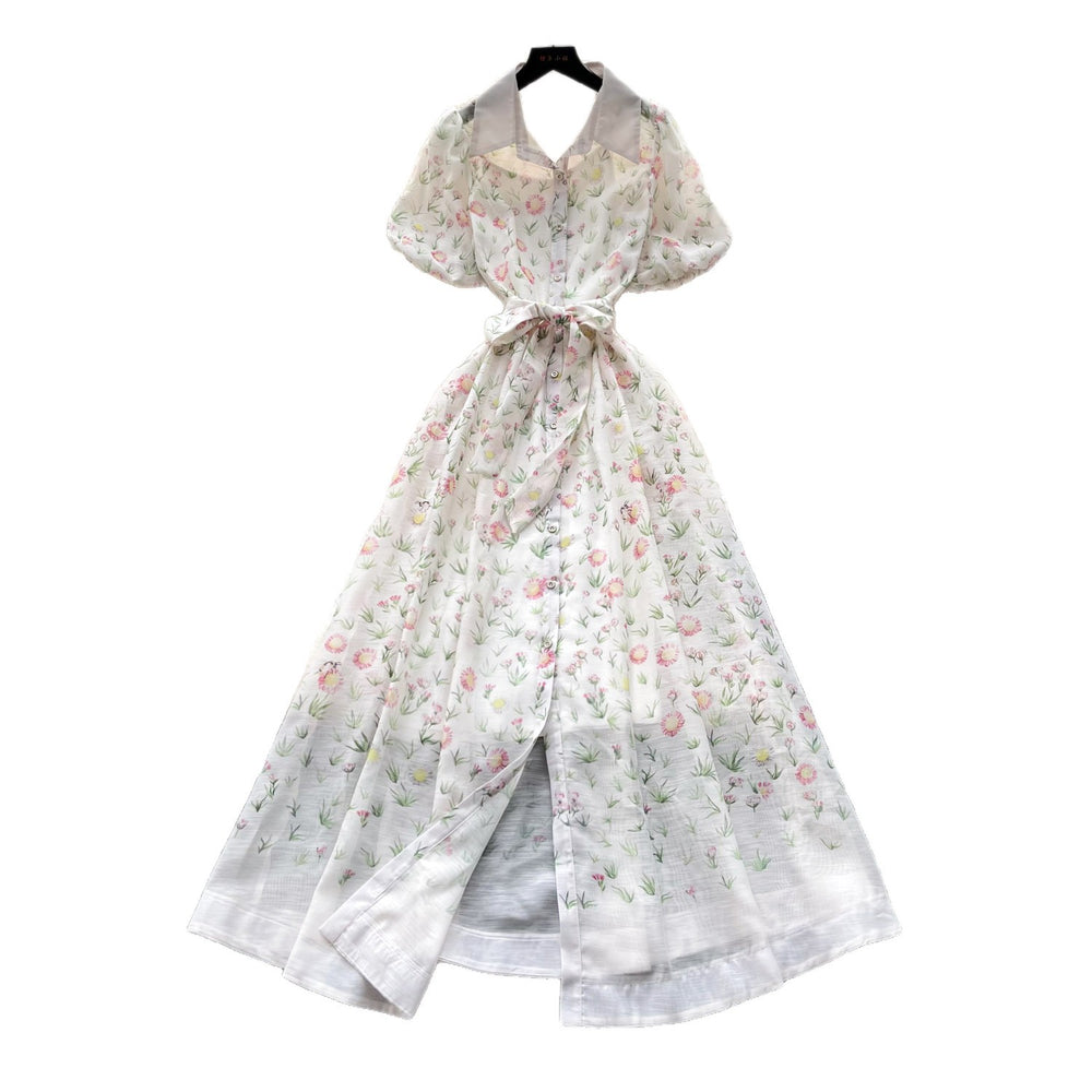 French chic floral dress with notched collar - summer korean style, tie-waist, short sleeve a-line dress - elegant and refined