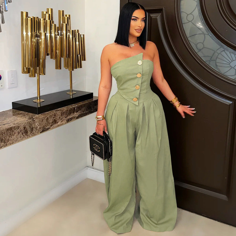 fashion women's sexy bandeau sleeveless metal button wide-leg jumpsuit