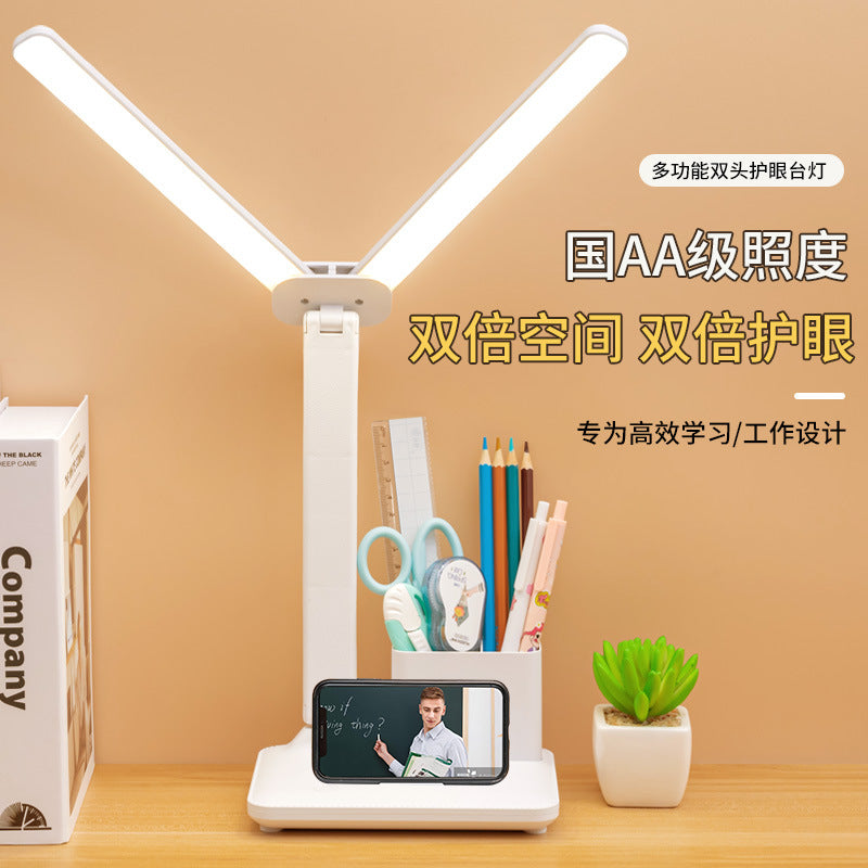 Double-headed desk lamp - 3-level dimming, eye protection, rechargeable, foldable - perfect for studying, reading, writing, and dorm use