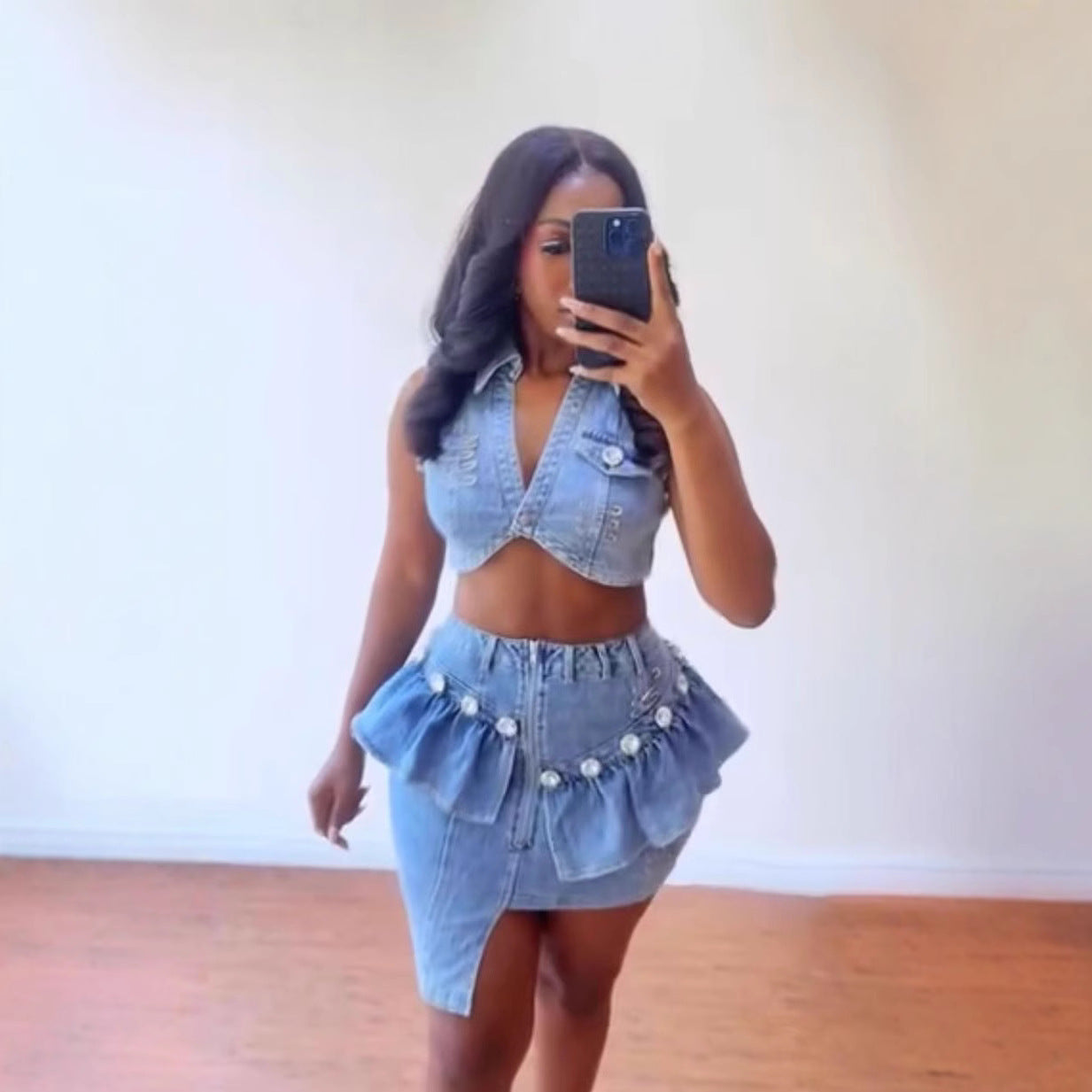 Cross-border European and American new women's clothing denim suit sleeveless lapel cardigan small vest, irregular short skirt two-piece set