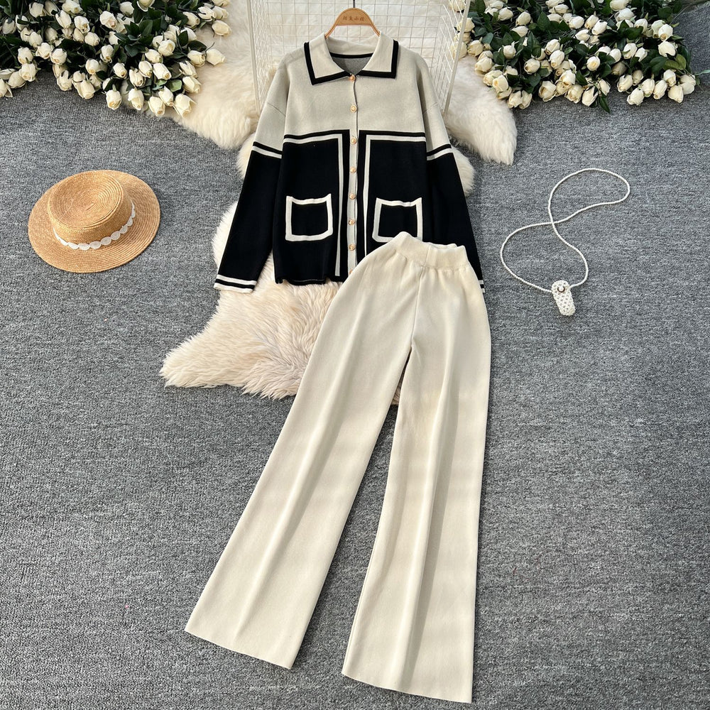 High-end suit for women, lazy style, fashion contrast color, metal buttons, lapel, long sleeves, knitting shirt, high waist, wide leg pants