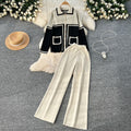 High-end suit for women, lazy style, fashion contrast color, metal buttons, lapel, long sleeves, knitting shirt, high waist, wide leg pants