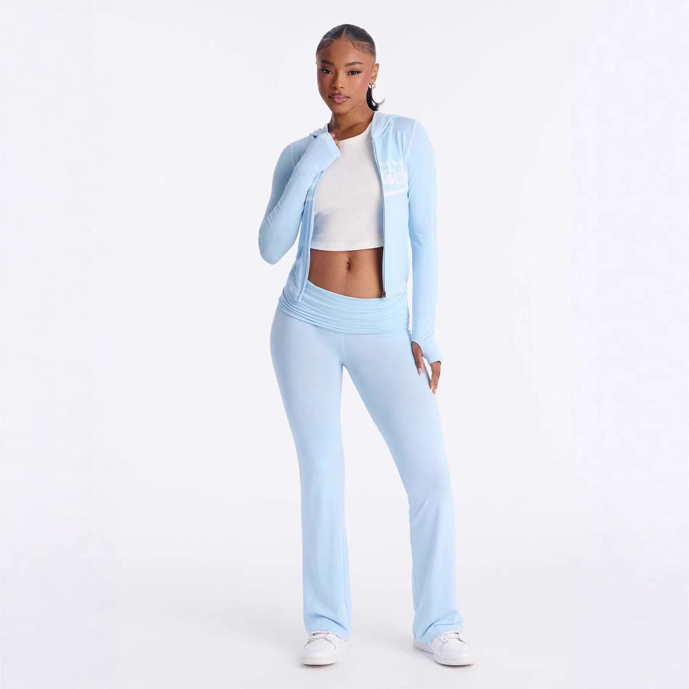 European and american  new fashion sporty slim-fit printed letter long sleeve jacket and tight-fitting pants two-piece tracksuit set