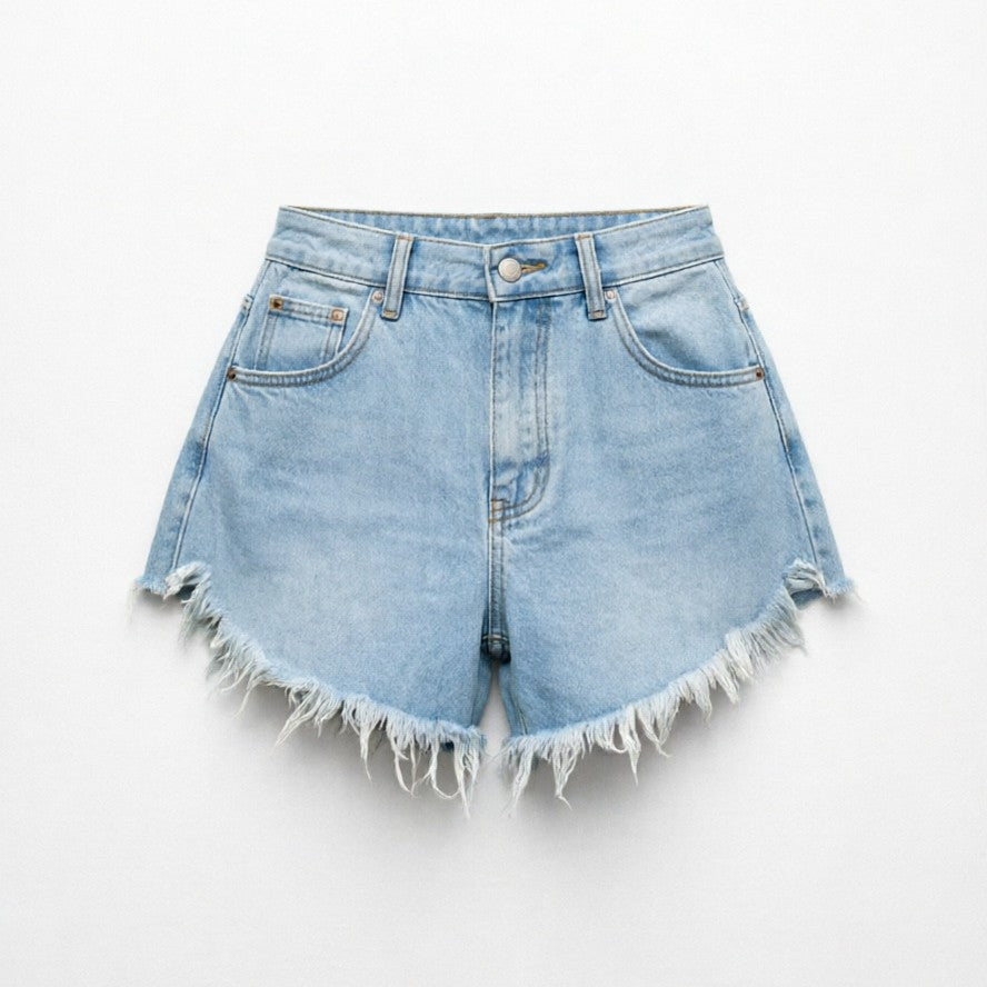 cross-border fashion high-waisted frayed hem denim shorts for women - summer light blue hot girl slimming a-line capri shorts