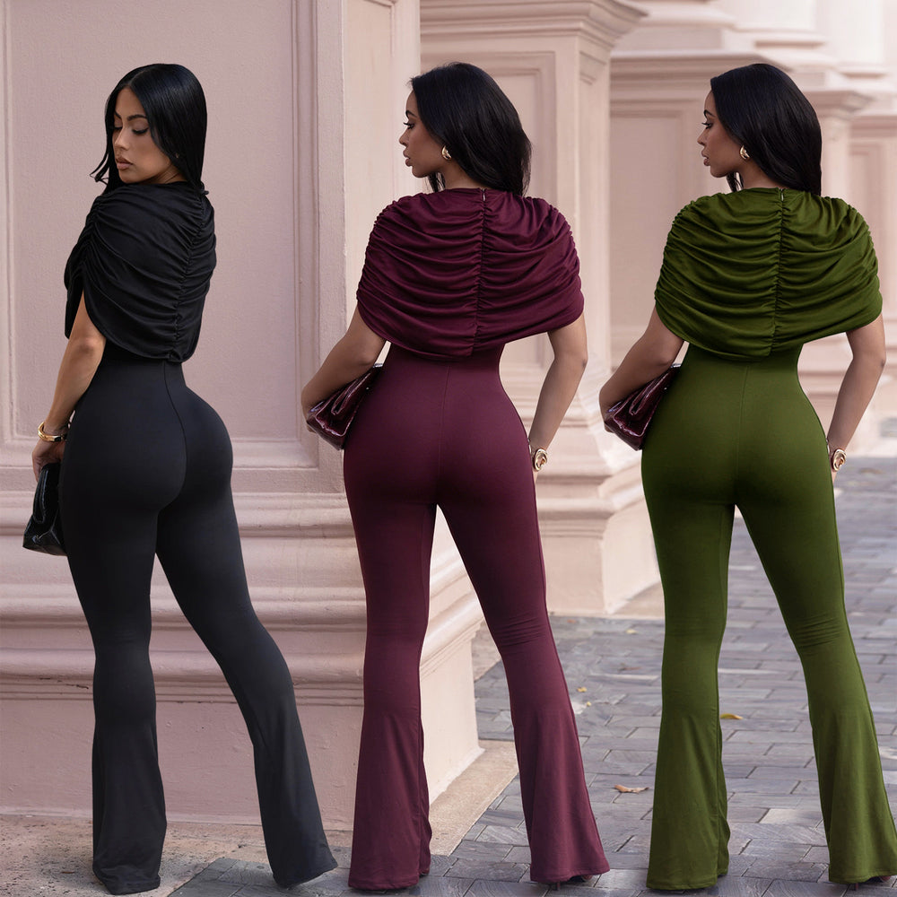 C7651 cross-border   fashion women's elegancefashion slim pure color wide leg jumpsuit