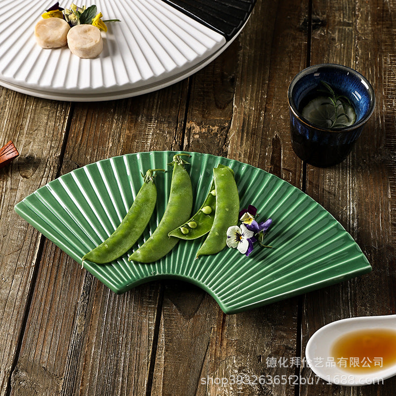 11inch fan-shaped plate set - japanese-style sushi plates, solid color retro breakfast ceramic plates, minimalist dishes for home use