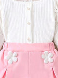 new autumn cross-border girls' square neck puff sleeve top + 3d floral hem butterfly shorts set