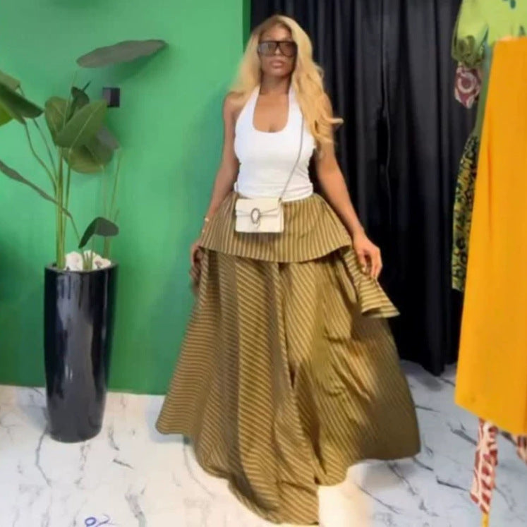 European and american cross-border women's fashion:  summer new arrivals - high-waisted, slimming, striped, asymmetrical a-line maxi skirt