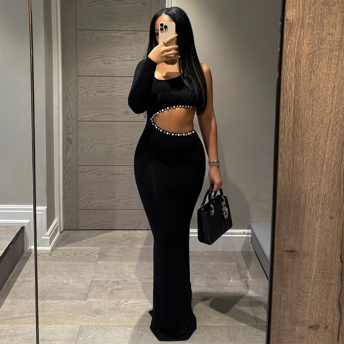 041825DB Freet 2025 summer new product personality trend exposed button drilling European and American unilateral sleeve dress women