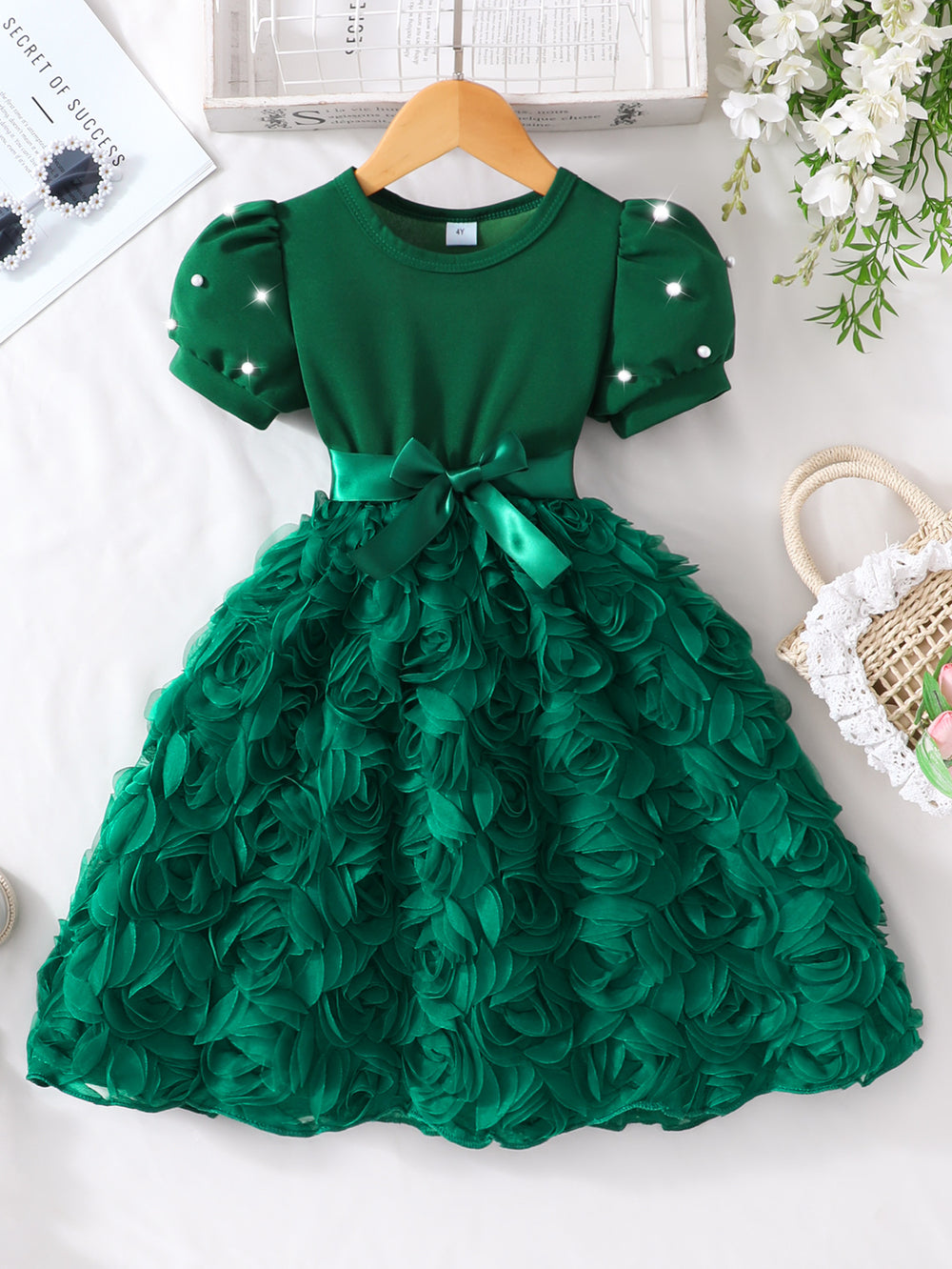 Girls' dress for toddlers and young children, pearl-embellished short-sleeve rose dress