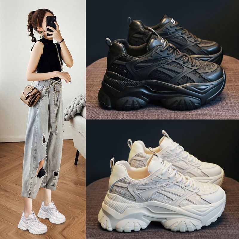 Dad shoes for women, new spring and autumn 2026 collection, black, versatile thick-soled sneakers for students, trendy and casual athletic shoes