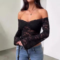 autumn new arrivals: cross-border european & american fashion - sexy & spicy slim-fit lace one-shoulder long sleeve cropped top