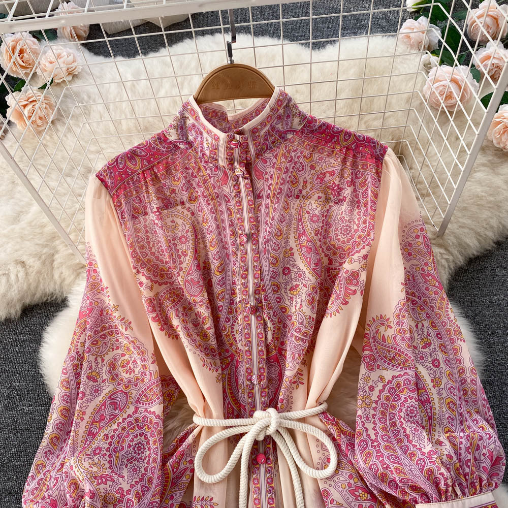 early spring new design: unique stand collar lantern sleeve printed dress - loose fit, slimming, flowy maxi dress