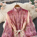 early spring new design: unique stand collar lantern sleeve printed dress - loose fit, slimming, flowy maxi dress