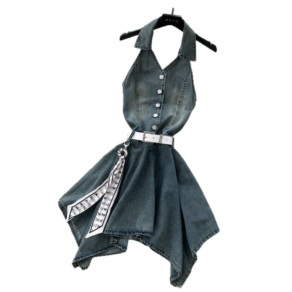 French riviera style halter sleeveless dress - women's summer cinched waist slimming tiered ruffle cake dress