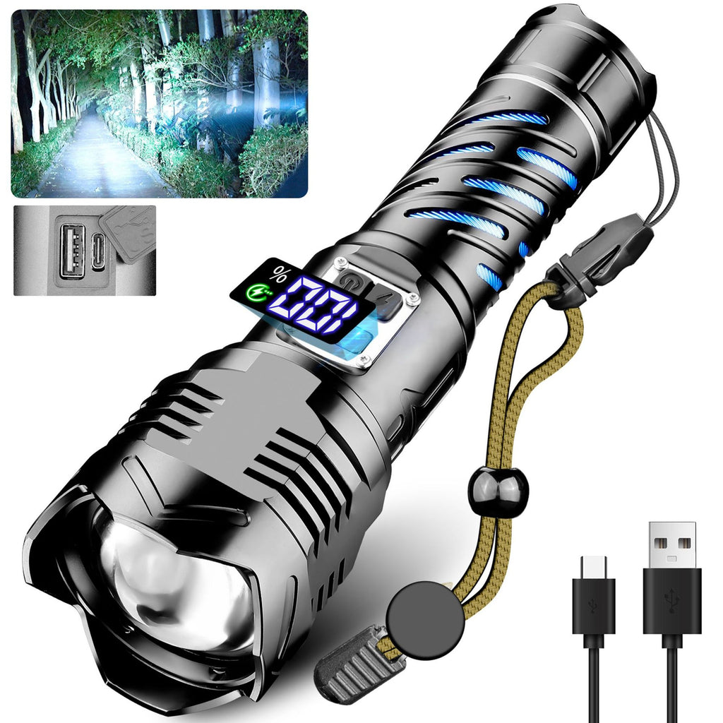 Cross-border new upgraded digital display strong light flashlight, charging super bright double open outdoor special telescopic flashlight