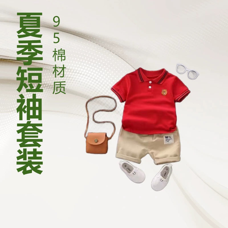 Kids' summer cotton linen short-sleeve set: boys' cartoon deer print shirt, korean style casual two-piece outfit - cross-border wholesale