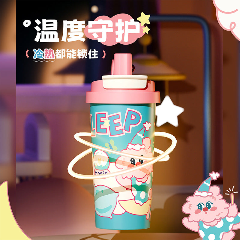 High-style, affordable luxury coffee thermos. large capacity water bottle made with 316l stainless steel, perfect for home use. features a thickened, cartoon-themed straw