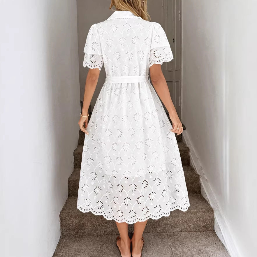 niche cutout floral lace peter pan collar short sleeve dress