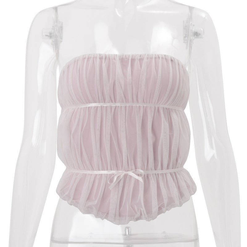 Amazon women's clothing  summer new arrival: off-the-shoulder bandeau ruched tie-waist sleeveless cropped tank top