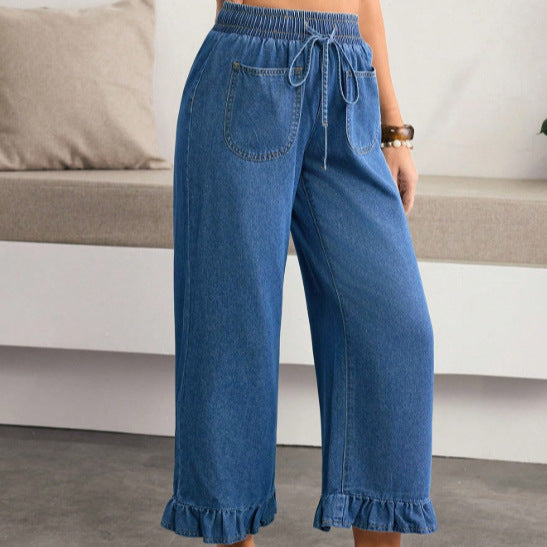 new arrivals: plus size women's elastic waist drawstring ruffle straight-leg jeans for , , and european & american markets