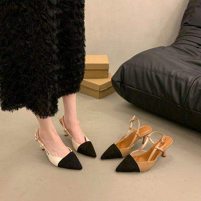 2024 summer new fashion pointed-toe stiletto sandals, french color-block low-cut high heels, open-back designer women's shoes