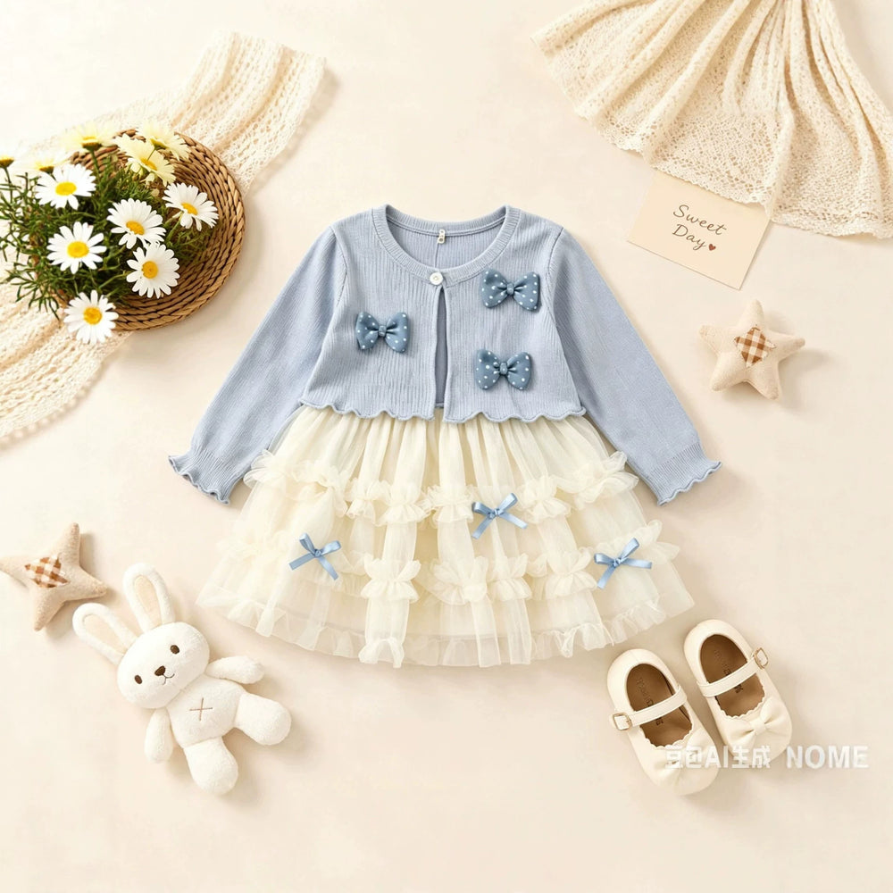 Sweet bowknot girls' dress - new mesh collection for autumn  - sweet mesh princess dress for baby girls