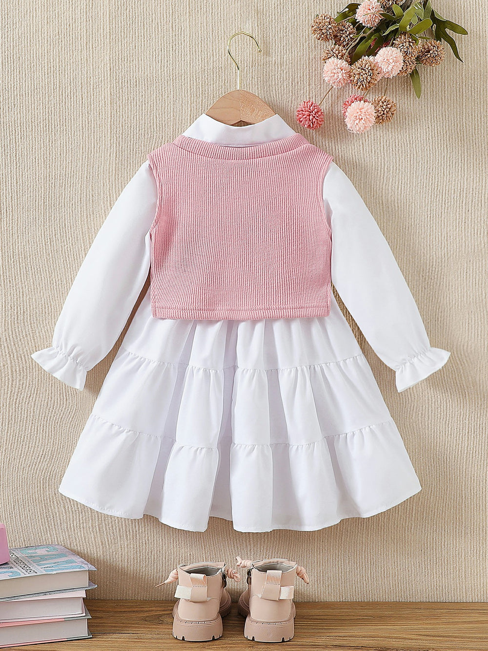 cross-border autumn new arrival: shirt collar dress + beaded knit vest + crossbody bag three-piece set