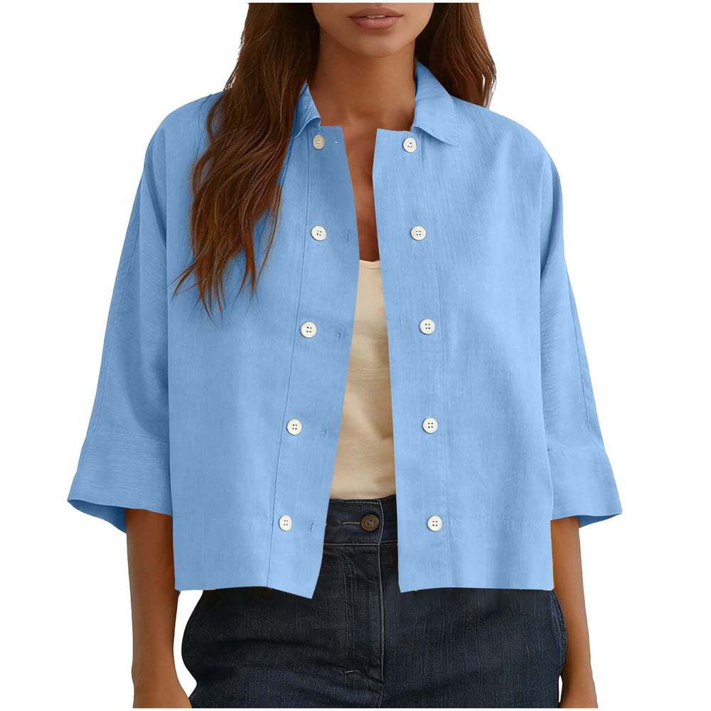 cross-border  solid color cotton linen double-breasted cropped short-sleeve cardigan shirt women's top blouse