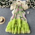 French retro court style fashionable printed patchwork mesh puffy irregular ruffle hem dress for women