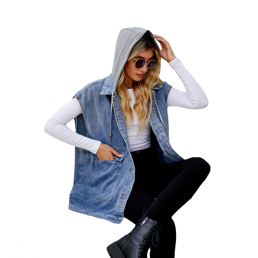 new arrival denim vest waistcoat women's fashiontrendy denim sleeveless vest hooded detachable
