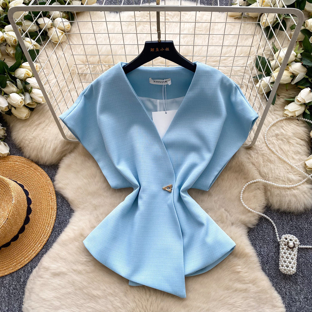 Korean style v-neck short sleeve shirt for women -  spring collection - unique, asymmetrical design - commuter chic cardigan top