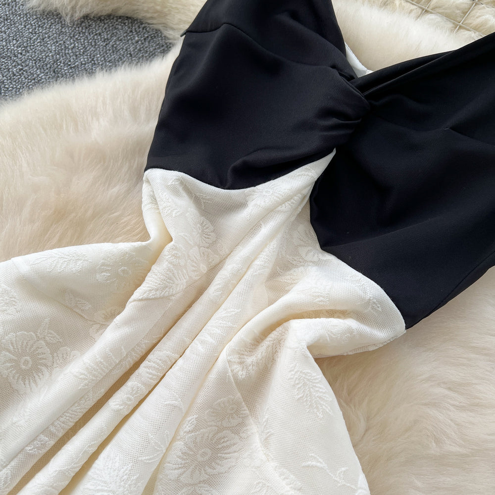 Atmosphere elegant french suspender dress for women  spring clothing sense of designcontrast colorpatchworkhigh waist holiday long skirt