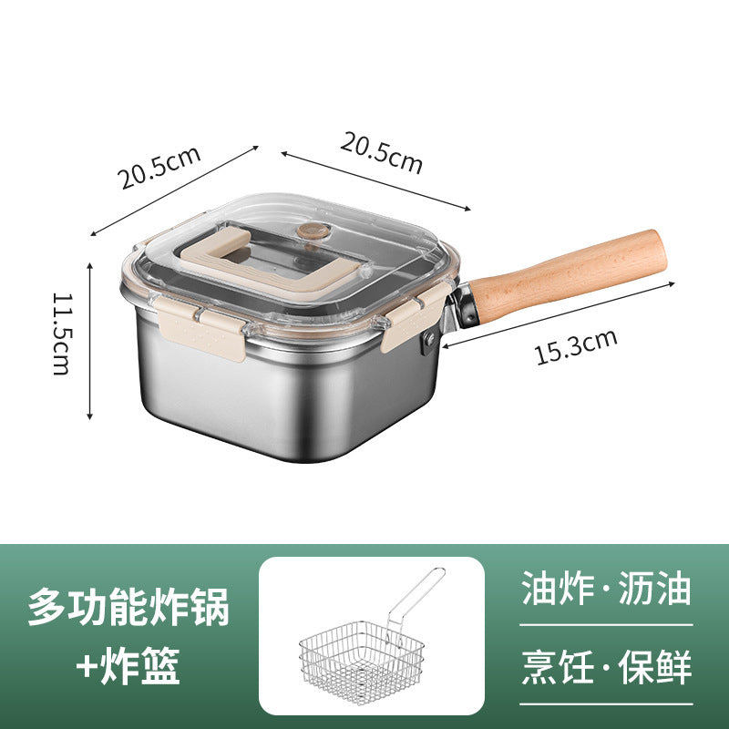 Custom-made stainless steel deep fryer with small fry basket, creative square food storage container, portable outdoor multifunctional pot