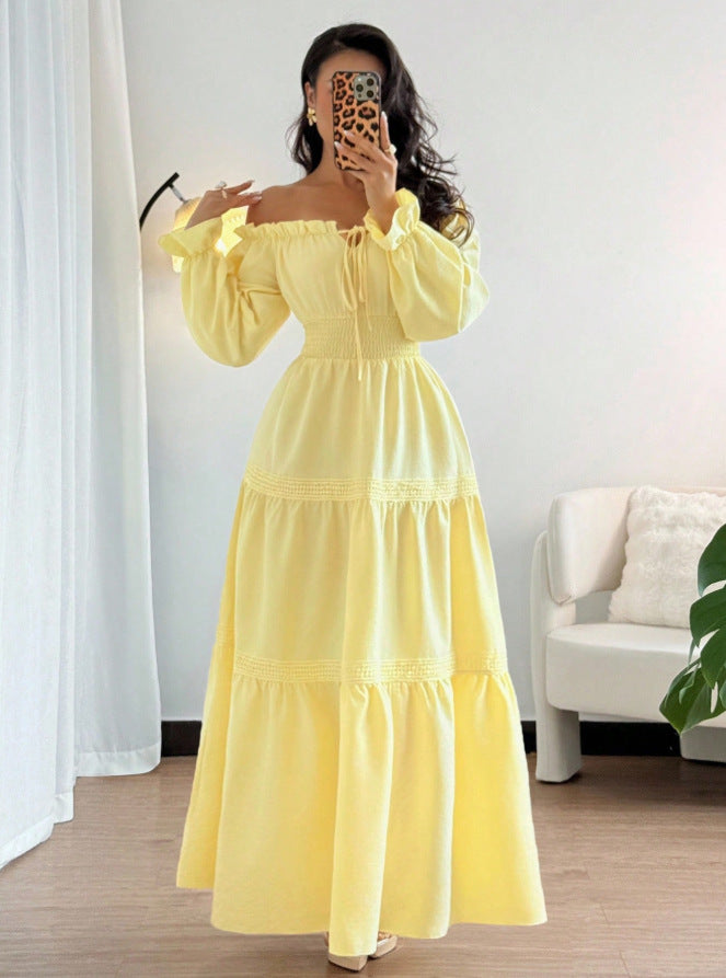 new spring european and american style elegant bubble sleeve long sleeve dress