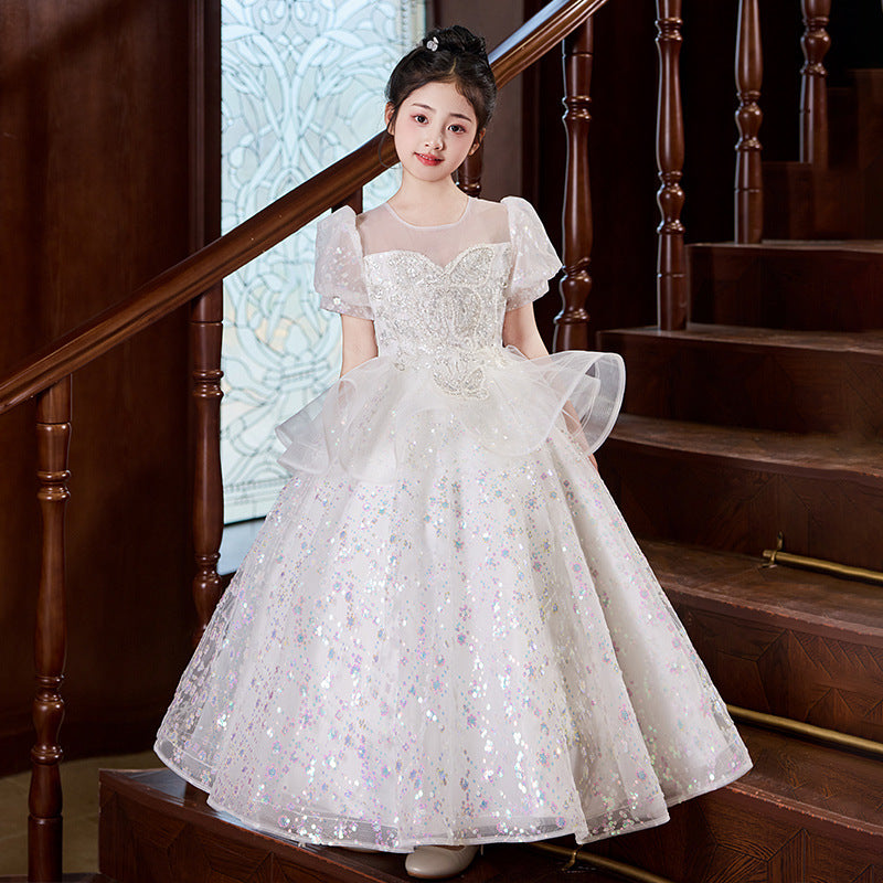 Children's formal dress princess gown sweet tulle tutu little girl's 6/1 piano recital performance costume high-end girls' dress