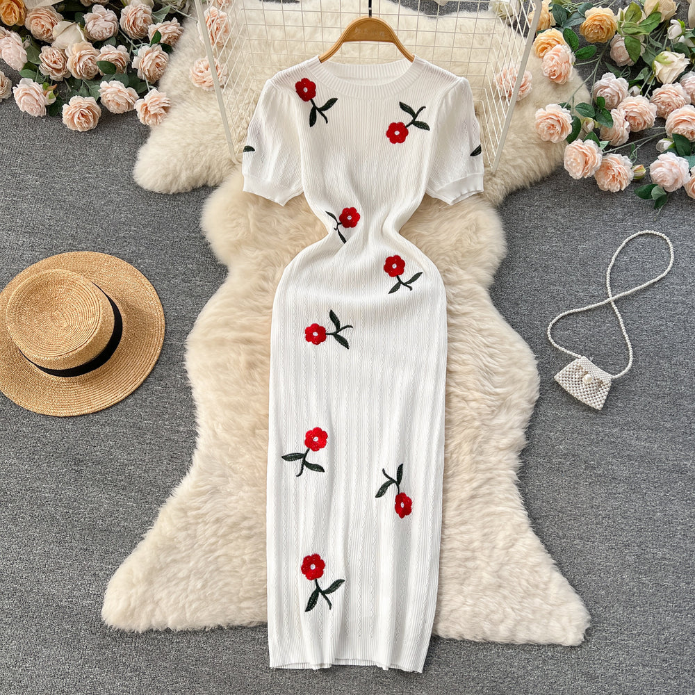 Summer dress: elegant embroidered rose knit dress - french style short sleeve, modern chinese style bodycon maxi dress