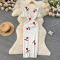 Summer dress: elegant embroidered rose knit dress - french style short sleeve, modern chinese style bodycon maxi dress