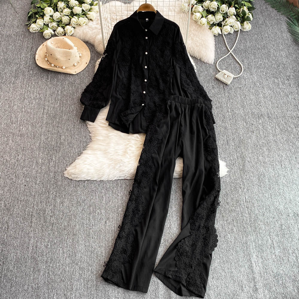 French chic heavy lace trim long sleeve shirt & elastic high waist wide leg pants two-piece set for women