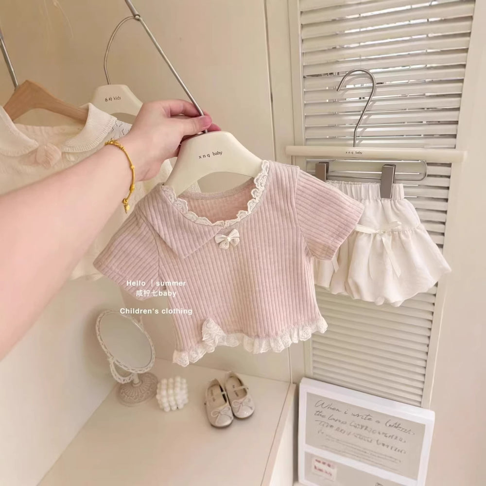 Girls' summer outfit set: new sweet pink lace short-sleeve top and tulip pants two-piece cotton set for baby girls