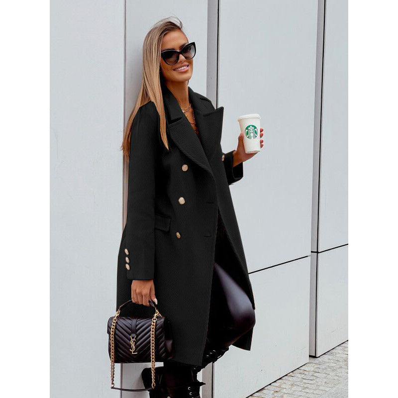 e-commerce european and american women's clothing   spring double-breasted mid-length woolen casual coat