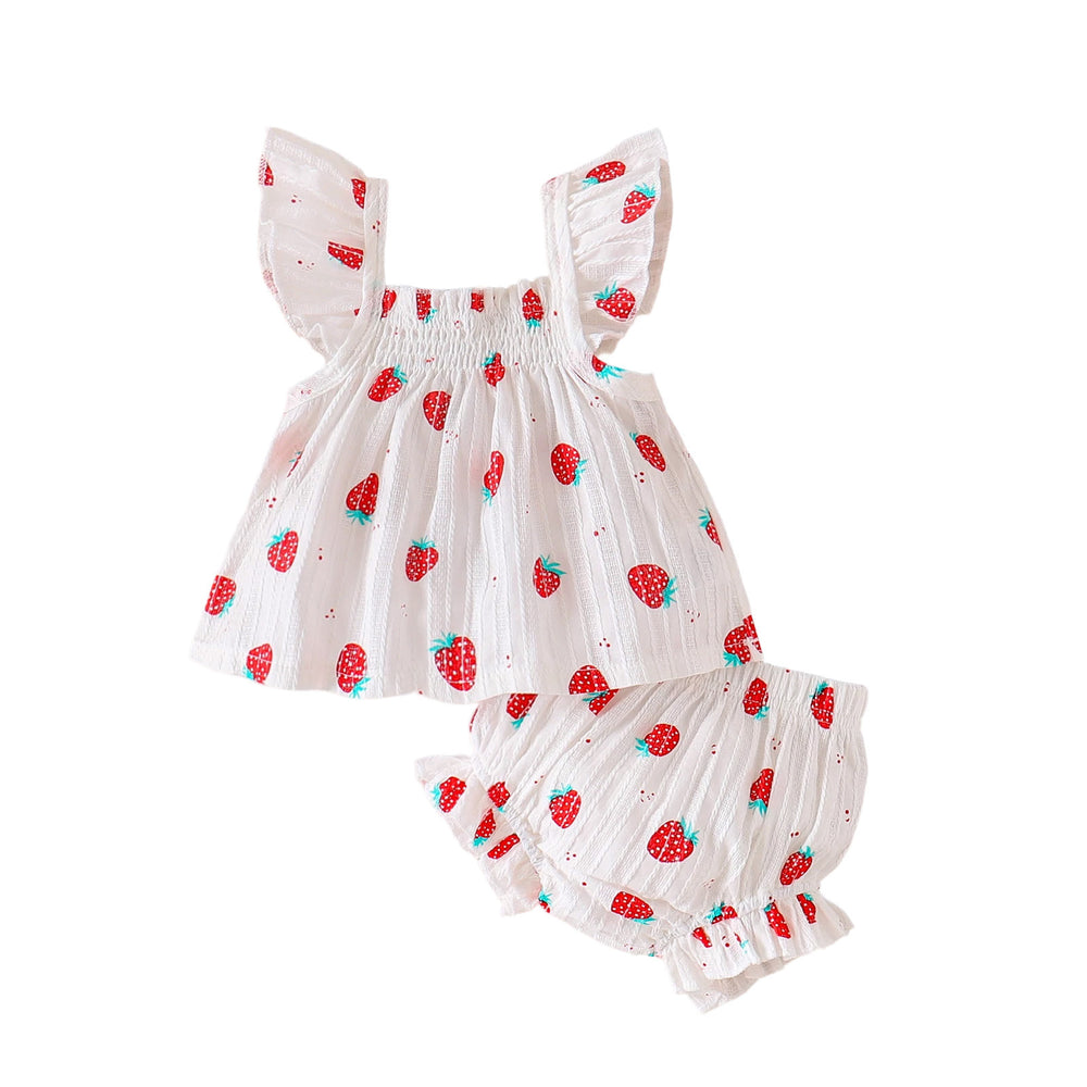 Kids clothing: cross-border sourcing - european & american style girls' outfit - strawberry print pink top + shorts set
