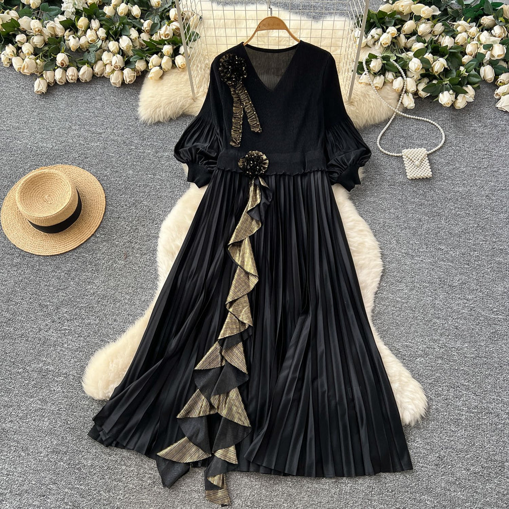 European and american style high-end women's autumn dress with ruffle trim, loose fit, and elegant flared skirt
