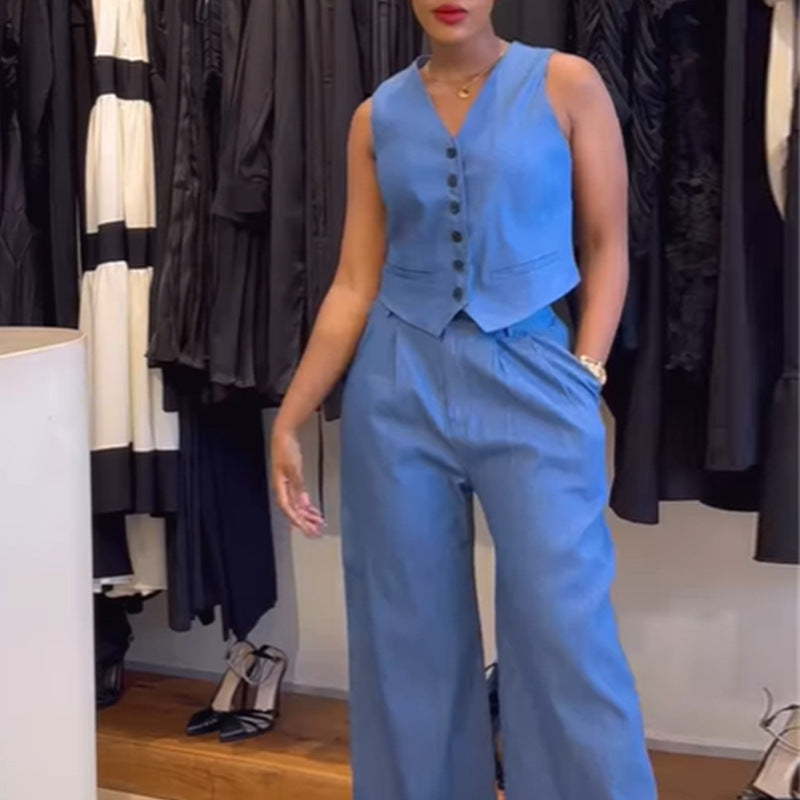 European and american export cross-border women's fashion  spring new solid color v-neck vest top and high-waisted pants casual set