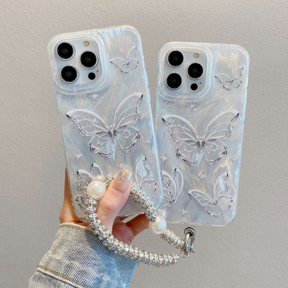Premium feather yarn iphone 16 pro silver butterfly phone case, apple 12 hard case, 14 chain protective cover