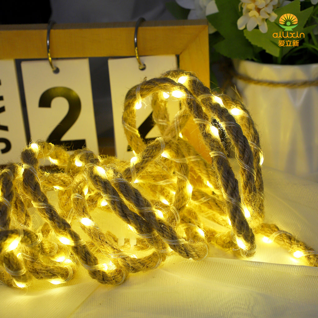 New LED Hemp Rope Light String Solar Camping Atmosphere Decoration Atmosphere Lights Battery Box Hemp Rope LED Light String