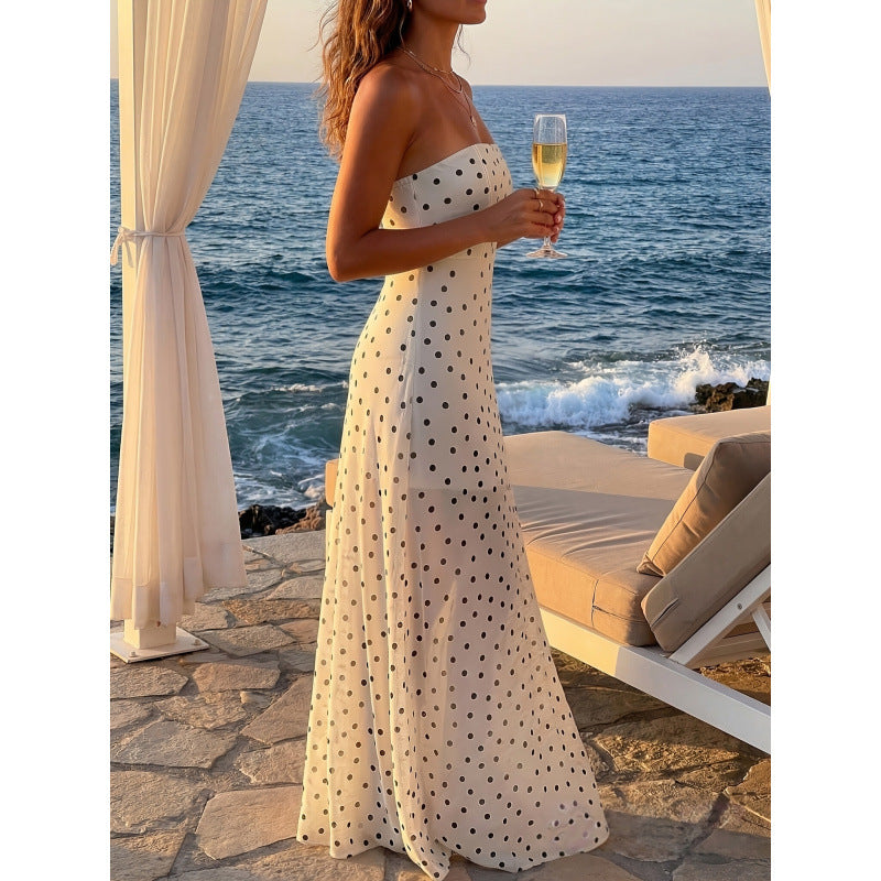 Women's new summer casual elegant polka dot print off-the-shoulder slim fit a-line maxi dress - perfect for dates