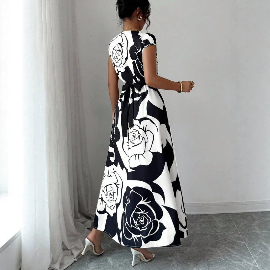 printed a-line dress - women's spring slim fit, waist-defining, figure-flattering, elegant v-neck dress