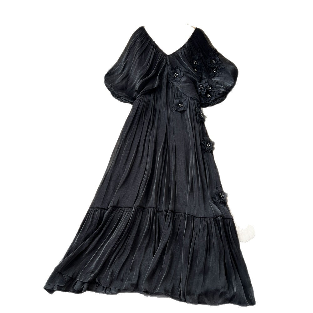 Vacation style stereo flower embroiderdress female summerv neck light mature style waist slimming look fairy draped long skirt