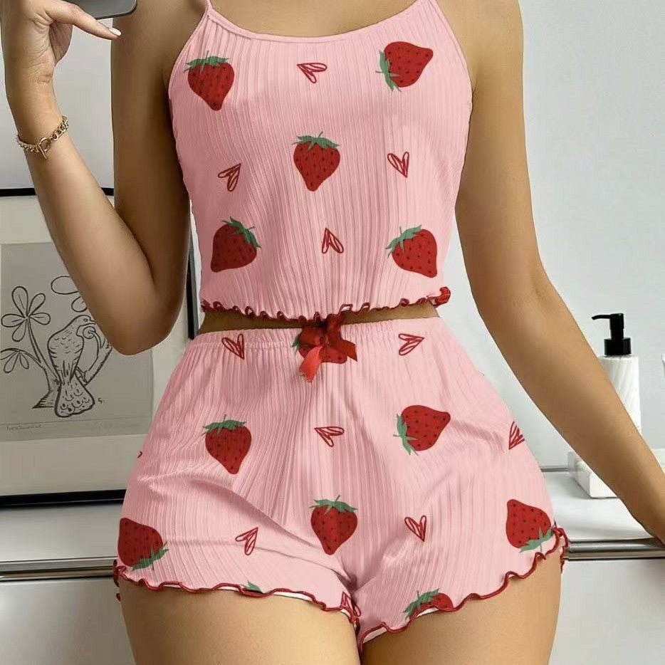 Hot-selling new european and american ribbed knit pajama set - trendy design, cross-border export, printed sweet cami and shorts